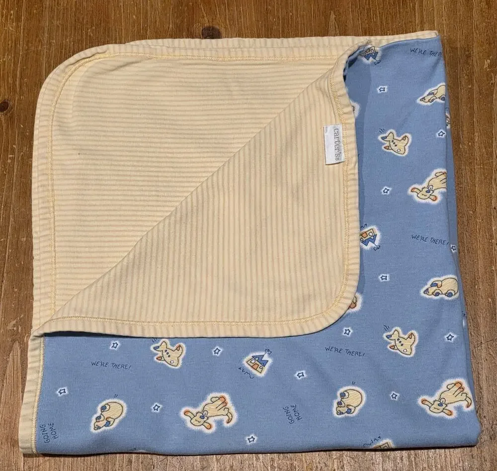 Carter's Vintage EMU Namae Blue Dog Airplane Baby Blanket Blue Yellow 28 X 34